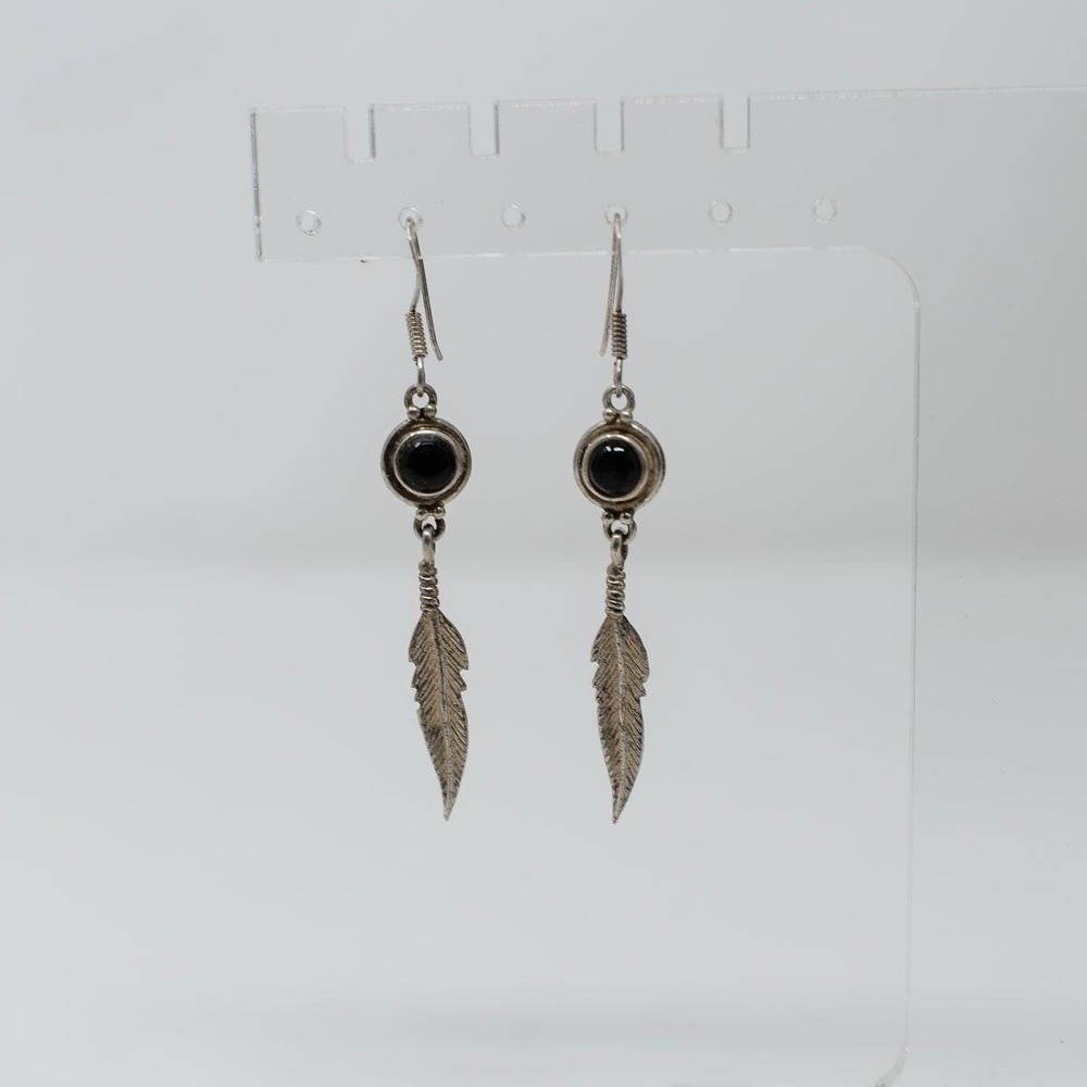 Vintage Feather Drop Earrings Sterling Silver 925 With Black Stone pierced post